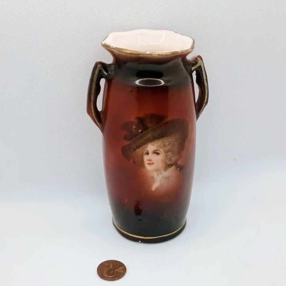 Vintage Bud Vase Portrait Of Lady Czechoslovakia 5.5 Inch Ceramic Transferware